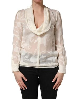 Dolce & Gabbana Off White Floral Semi Sheer Silk Blouse Top