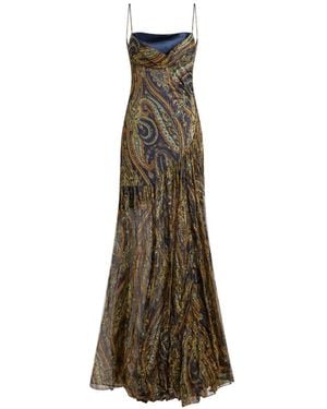 Etro Long Silk Dress With Draping And Paisley Motif - Natural