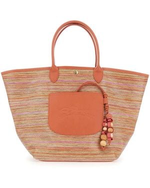 Longchamp Le Panier Pliage Shoulder Bag With Charm On The Front And Striped Motif - Brown