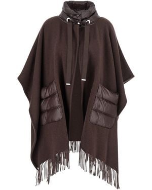 Herno Cape With Drawstring Collar And Fringed Hem - Brown
