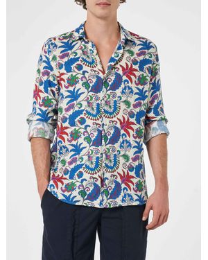 Mc2 Saint Barth Linen Shirt Pamplona With Flower Print - Blue