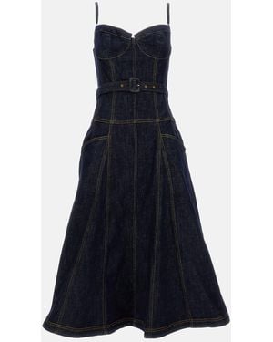Self-Portrait Denim Flared Midi Dress - Blue