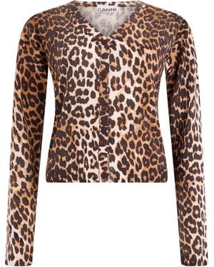 Ganni Wool Cardigan With Leopard Print Sweater - Brown
