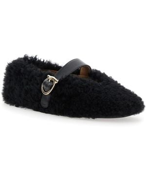 Ferragamo Shearling Ballerinas With Buckle Closure Lamb Ballerina Shoes - Black
