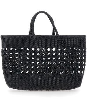 OSOI Handbag Biscuit Tote With Double Round Handles And Ecoleather Intreccio Design For Recycled Leather Hand Bags - Black