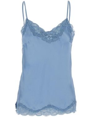 Gold Hawk Light Sleeveless Top With Adjustable Spaghetti Straps And Floral Emellishment - Blue