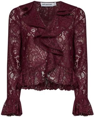 Self-Portrait Top Ruffled Lace Polyester Cardigans - Red