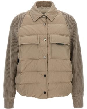 Brunello Cucinelli Two-Material Shiny Flap Detail Down Jacket - Brown