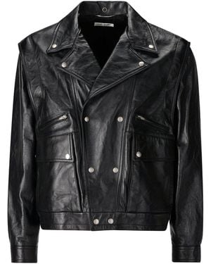 Saint Laurent Crinkled-Effect Biker Leather Jacket - Black