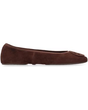 Tory Burch Ballerina Flats Reva Suede Leather Shoes - Brown