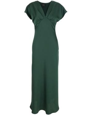 Le Plain Long Dress With V-Neck And Ruffles On The Front - Green
