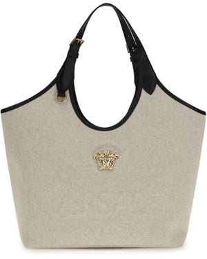 Versace Tote Fabric Calf Leather Rope Cotton Shoulder Bags - Grey
