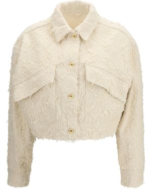 Brunello Cucinelli Fuzzy Dyed Denim Outerwear Jacket With Monili Ecru' Cotton - White