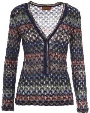 Missoni V-Neck Button-Front Knit Cardigan - Blue