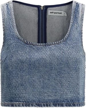Self-Portrait Embellished Denim Sleeveless Tank Top - Blue