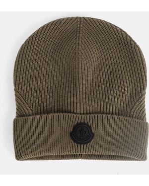 Moncler Ribbed Wool Beanie With Logo Patch Hat - Green