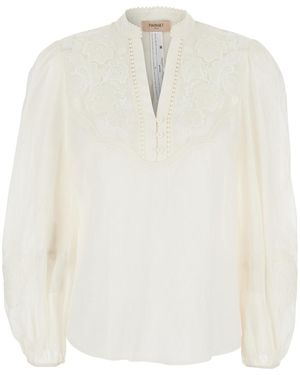 Twinset V-Neck Blouse With Fabric Embroidery For Ramie Shirts And Blouses - White