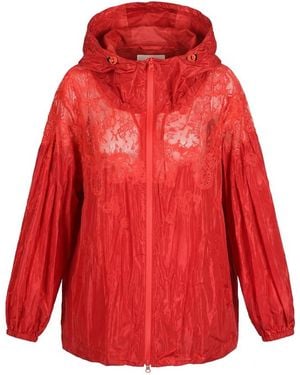 Valentino Techno Taffeta And Chantilly Lace Pea Coat - Red