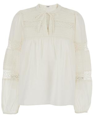 Ba&sh Crew Neck Blouse With Knot Closure And Embroidered Design - White