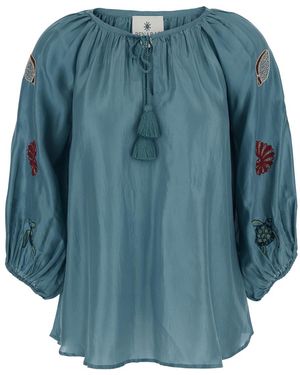 BENARAS BY CITRUS Silk Top With Sea Print And Details Beachwear - Blue