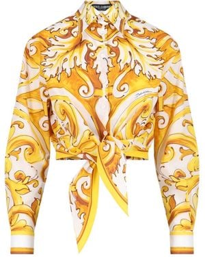 Dolce & Gabbana And Crop Shirt With Majolica Print And Knot - Metallic