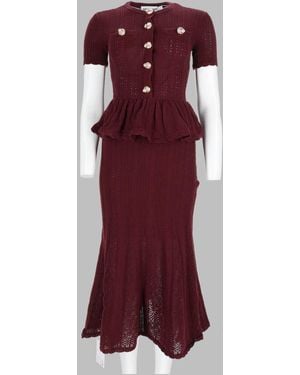 Self-Portrait Peplum Openwork Knit Dress Cotton - Purple