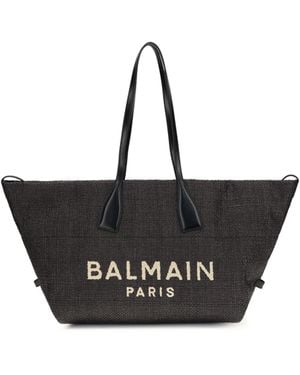 Balmain Track Shoulder Bag Leather And Raffia - Black