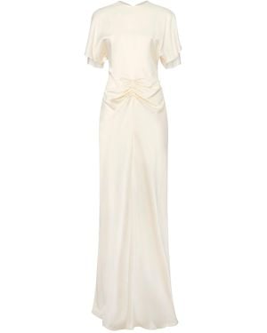 Victoria Beckham Long Ivory Crepe Back Satin Isabella Short-Sleeved Dress With Gathered Detailing - White