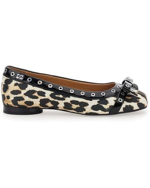 Ganni Ballet Flats With Eyelets And All-Over Leopard Print - Black