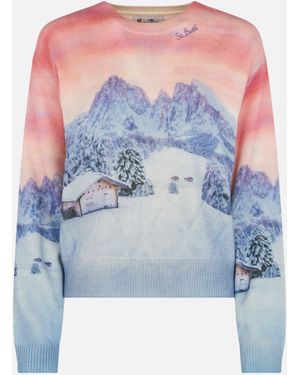 MC2 Saint Barth Louise Cashmere Blend Jumper With Chalet Sunset Print - Blue