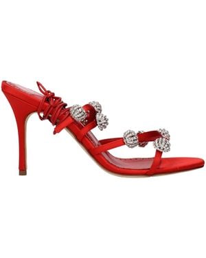 Manolo Blahnik Satin Stiletto Heel Sandals - Red