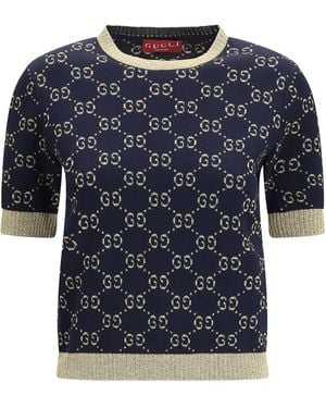 Gucci Knit Top With Its Iconic All-Over Monogram Pattern - Blue