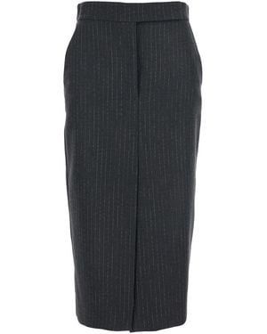 Plain Skirt With Front And Rear Slit All-Over Striped Motif - Gray