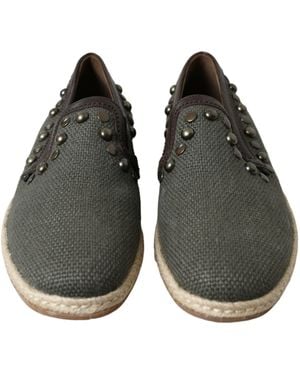 Dolce & Gabbana Linen Leather Studded Loafers Shoes - Green