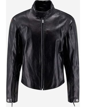 Gucci Leather Bomber Jacket With Web Details - Black