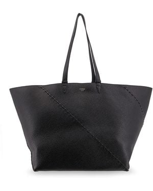 Fendi Diagonal Selleria Large Leather Shopping Bag - Black
