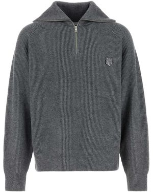 Maison Kitsuné Bold Fox Head Patch Half Zip Ribbed Jumper - Grey