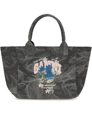 Ganni Medium Trapeze Flower-Print Shopping Bag Cotton Shoulder - Black