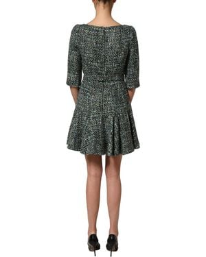 Dolce & Gabbana Tweed Belted Babydoll Mini Dress Acrylic Wool Polyester Nylon - Green