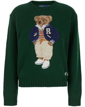 Polo Ralph Lauren Crewneck Jumper With Maxi Polo Bear Print On The Front - Green