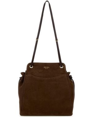 Prada Brow Suede Medium Carry Bucket Bag - Brown