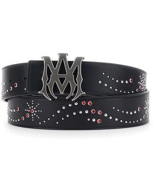 Amiri Studded Leather Belt With Enameled Monogram Buckle - Gray