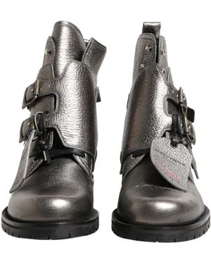 Dolce & Gabbana Metallic Leather Buckle Ankle Boots Shoes - Black