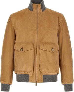 Brunello Cucinelli Suede Bomber With Knit Trim Jacket - Brown