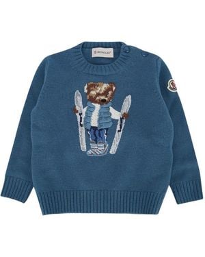 Moncler Sweater With Teddy Embroidery Virgin Wool - Blue