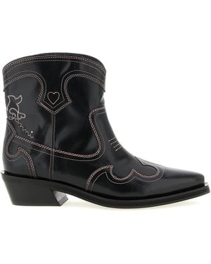 Ganni Low Shaft Embroidered Western Ankle Boots Polyurethane Polyester Cotton Boots - Black