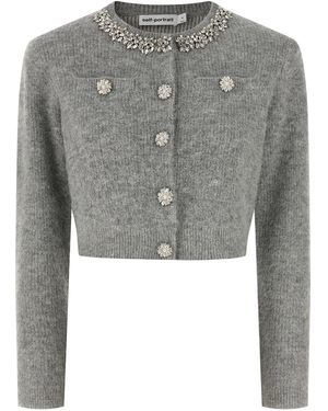 Self-Portrait Fluffy Crystal Trim' Cardigan - Grey