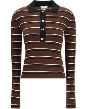 Ganni Striped Merino Polo Shirt Wool Ovis Aries - Brown