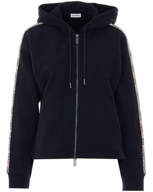Burberry Check Cotton Hoodie, Zipper And Trim - Blue