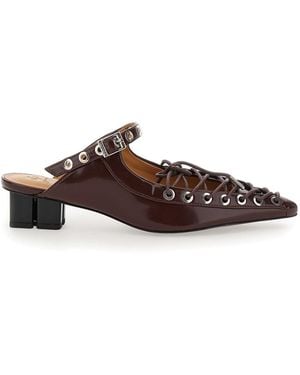 Ganni Eyelets Lace Up Mule Box Oleatex - Brown